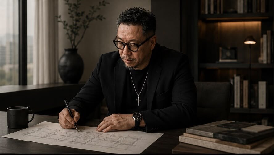 Immanuel Anthony Huang drawing a floor plan at his desk