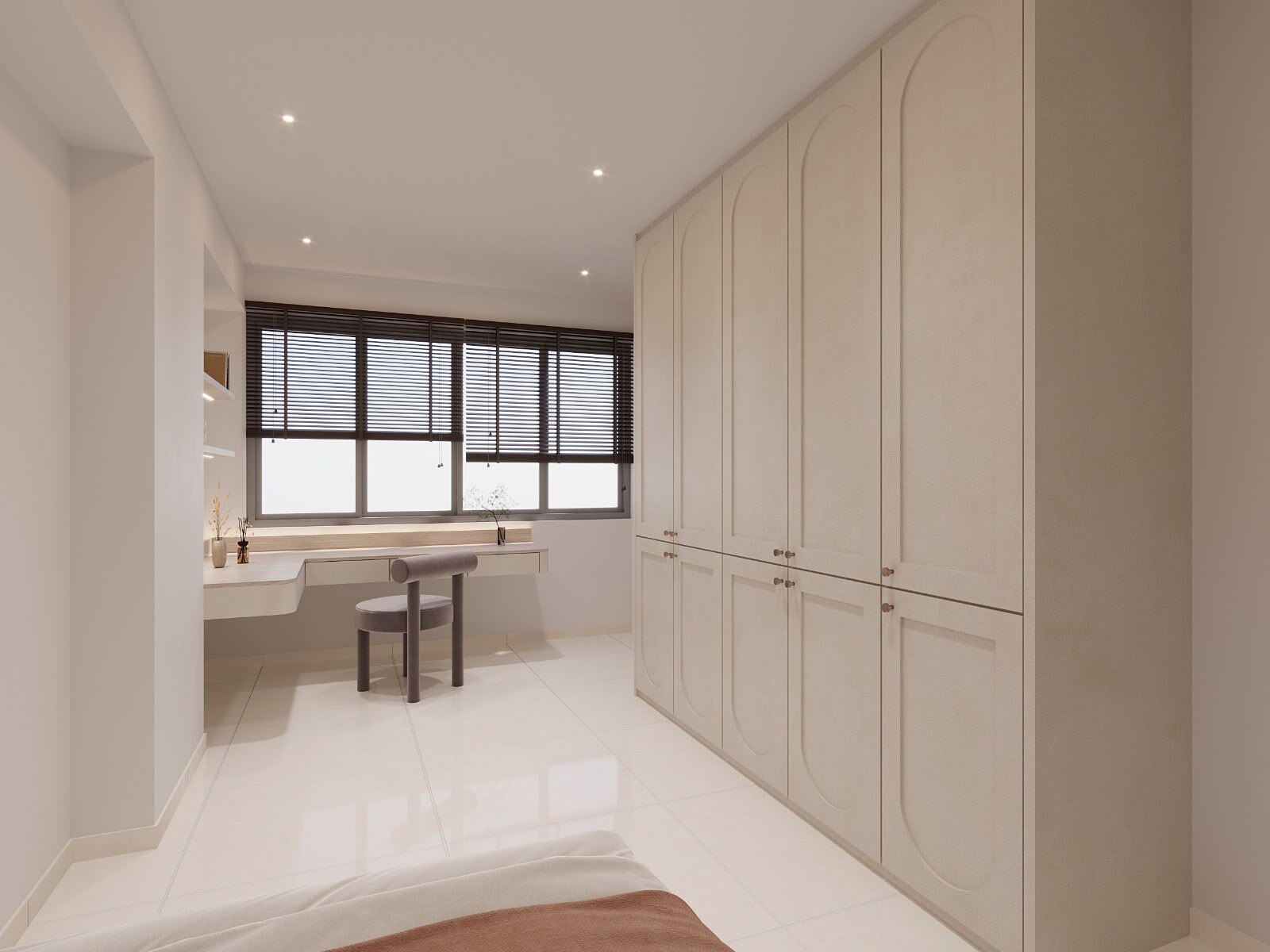 Dressing area with arched wardrobe fronts