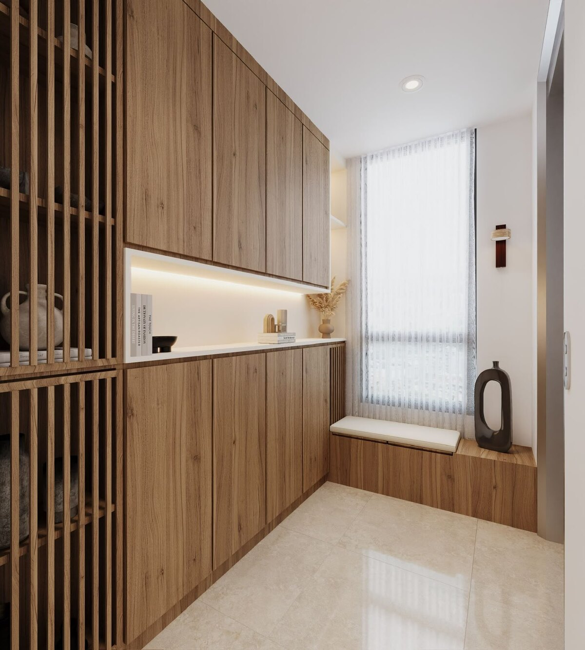 Entryway joinery with a lit stone niche