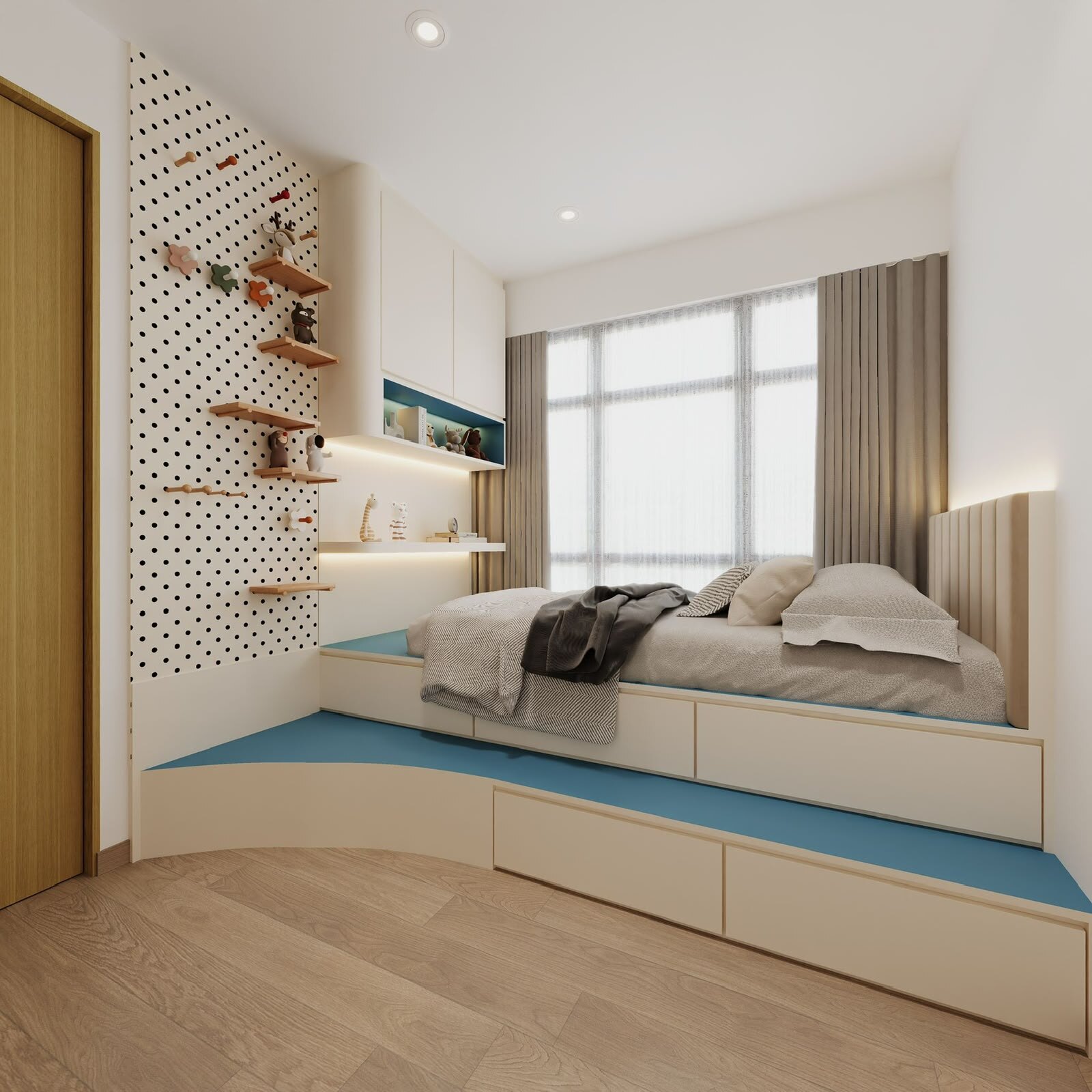 3D visualisation of the children's room with a pegboard wall and platform bed