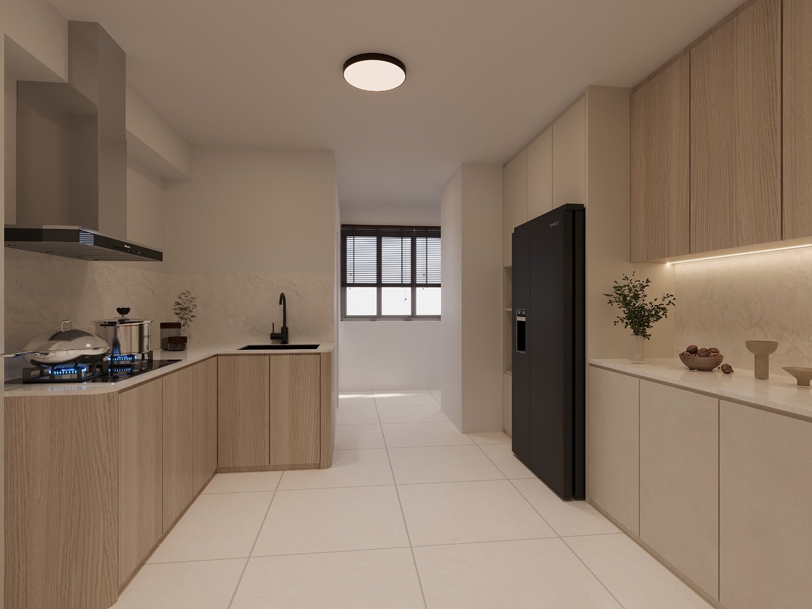 Galley kitchen in light oak and cream quartz