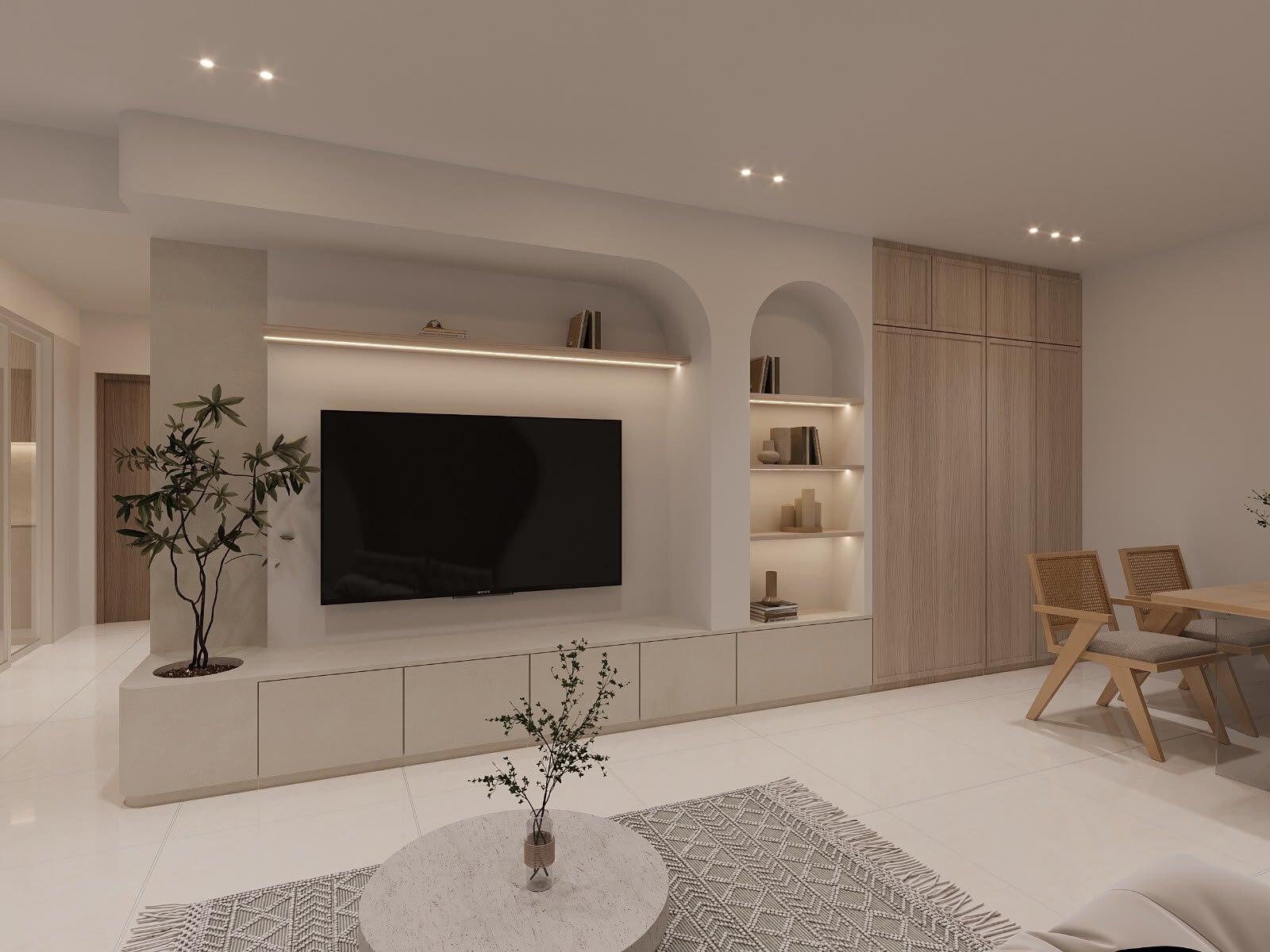Living room with an arched alcove feature wall