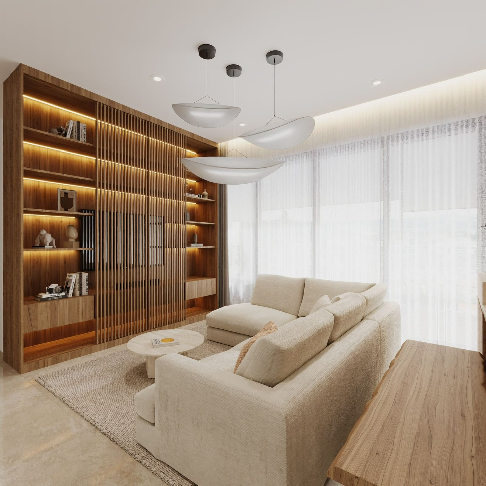 Living room with slatted timber screen and lit shelving