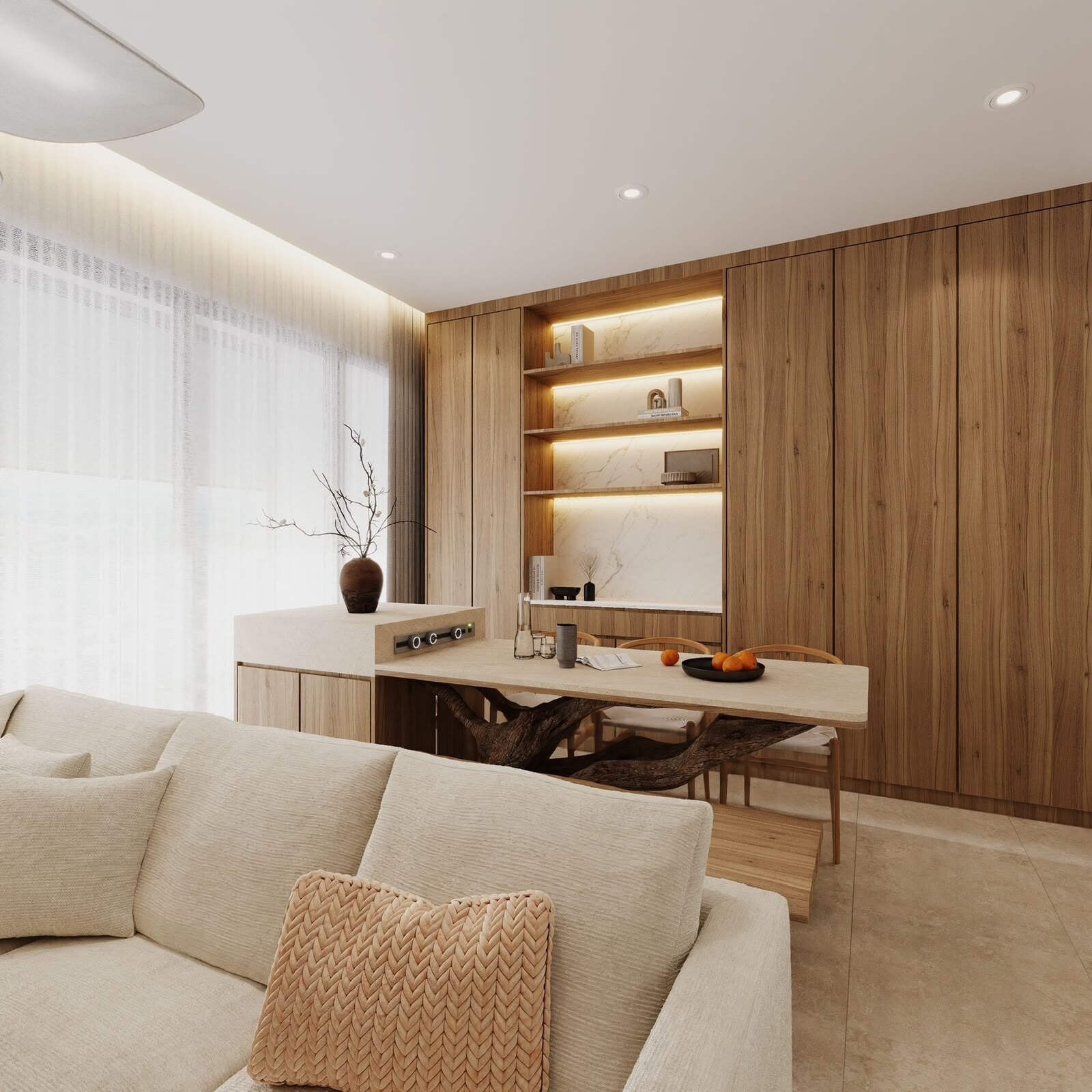 Open living and dining with walnut cabinetry wall
