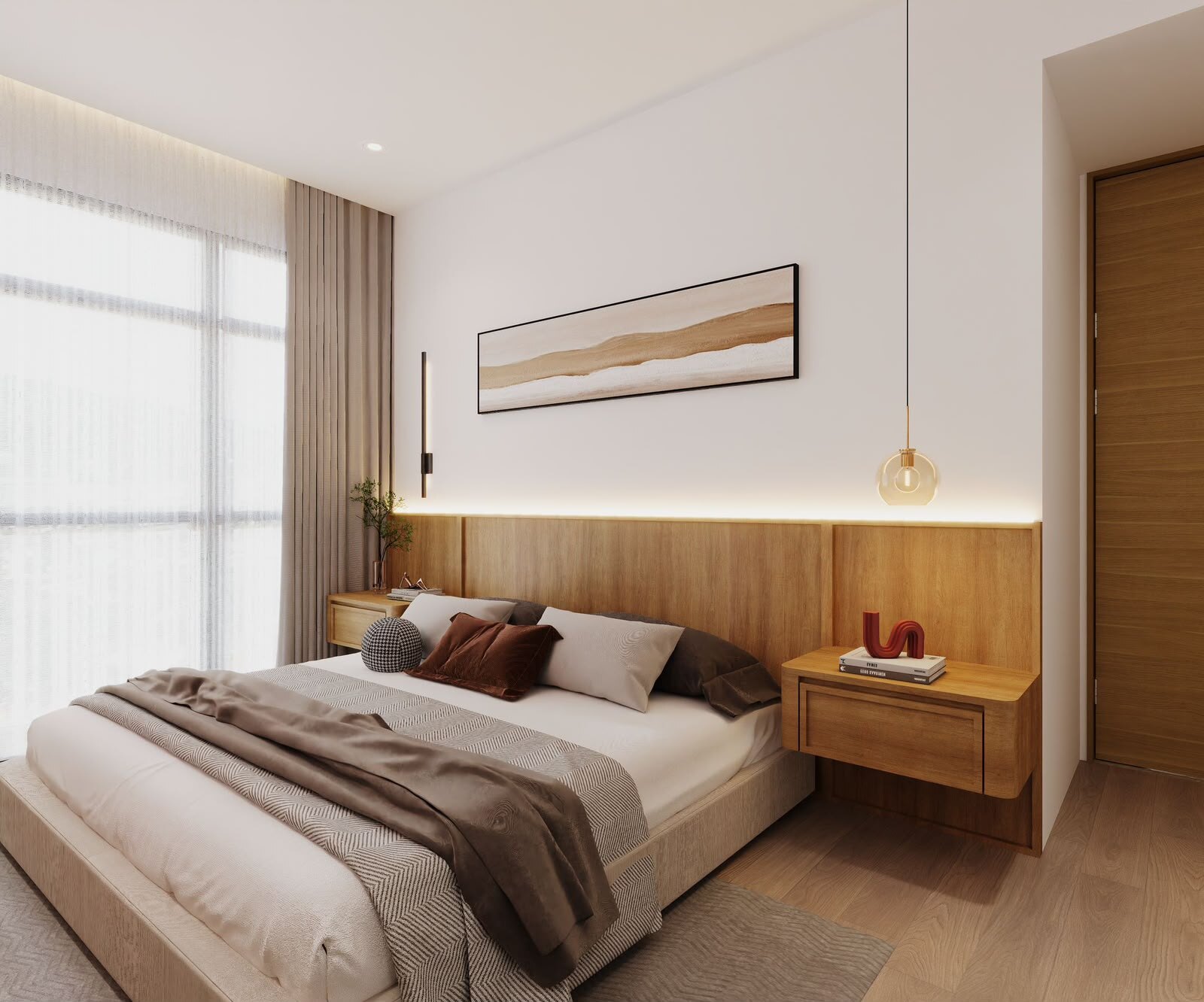 Master bedroom with a full-width oak headboard wall