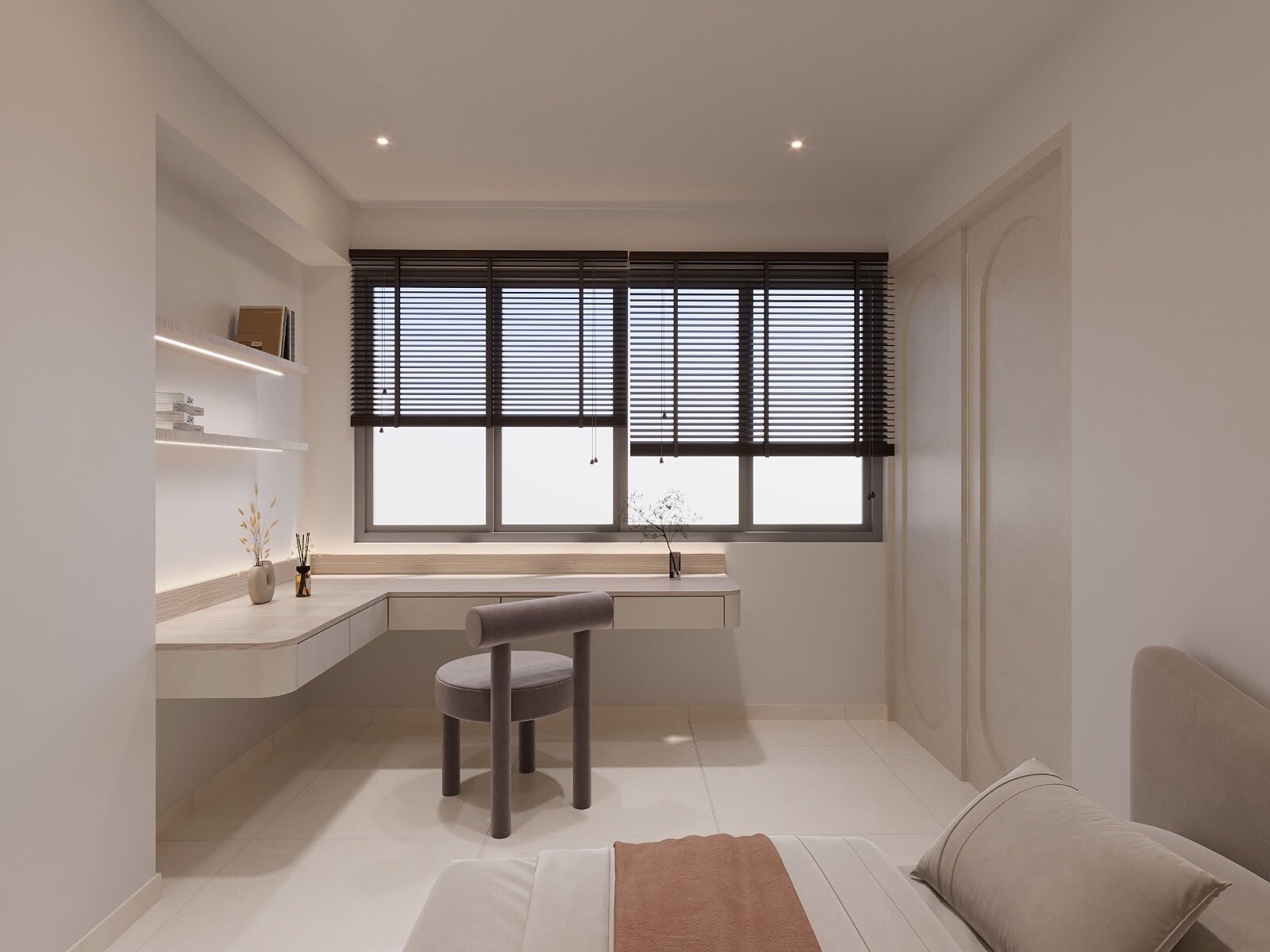Built-in study desk under a wide window
