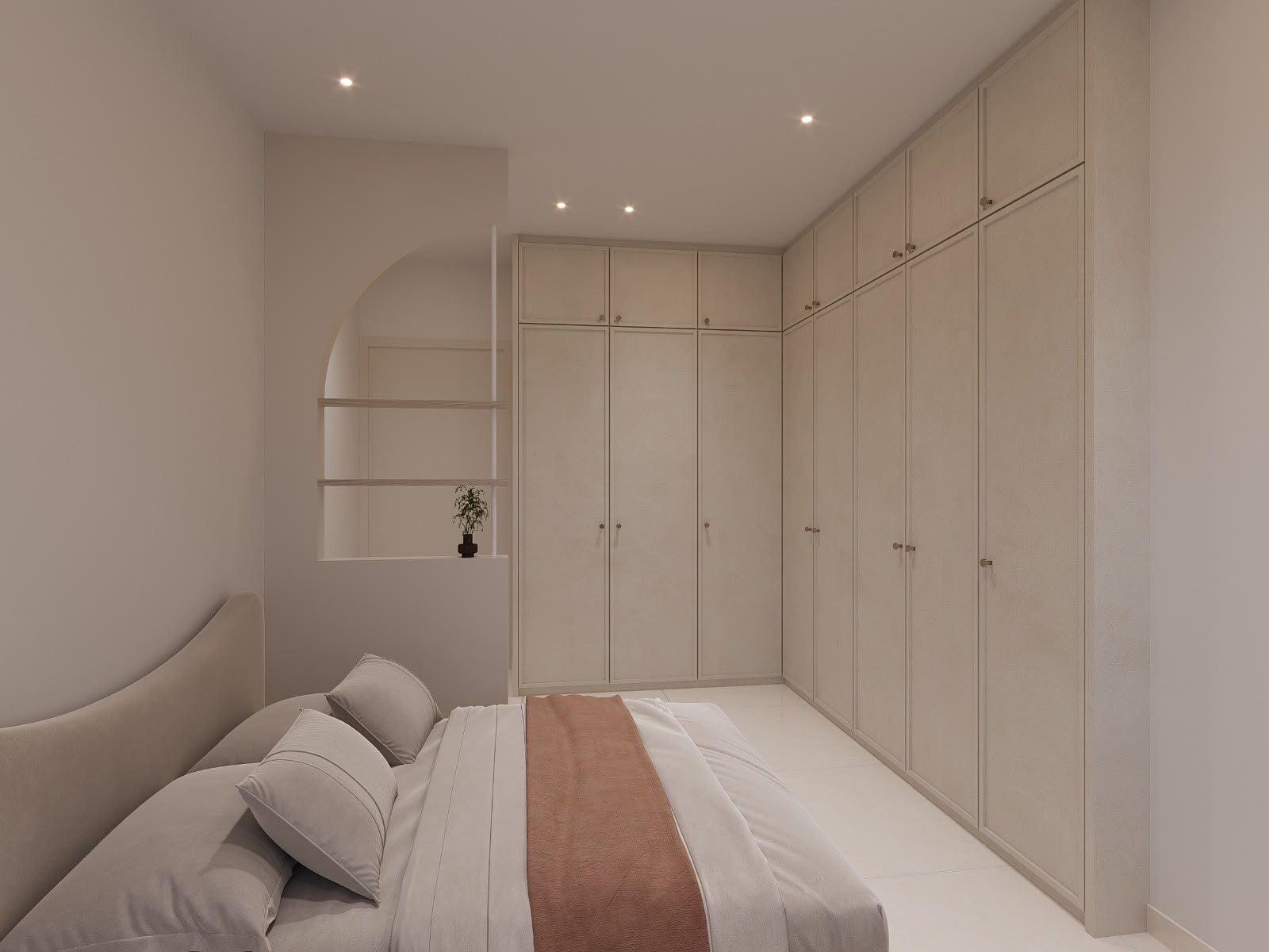 Full-height wardrobes wrapping a bedroom corner