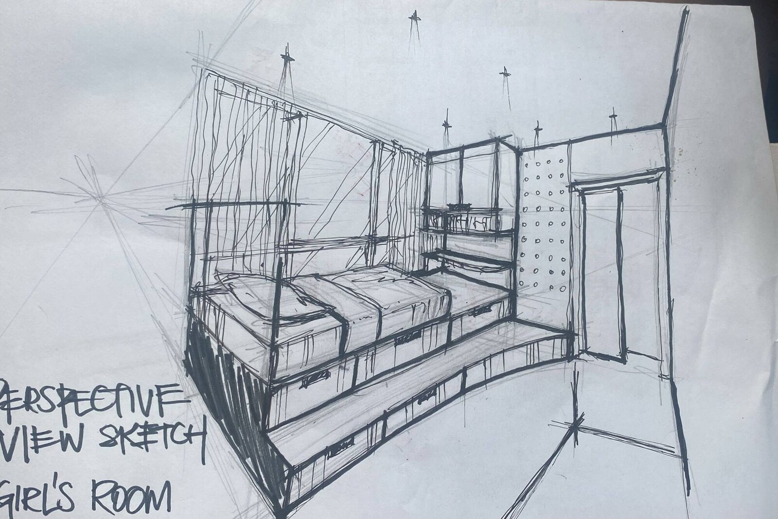 Immanuel's hand-drawn perspective sketch of the same children's room