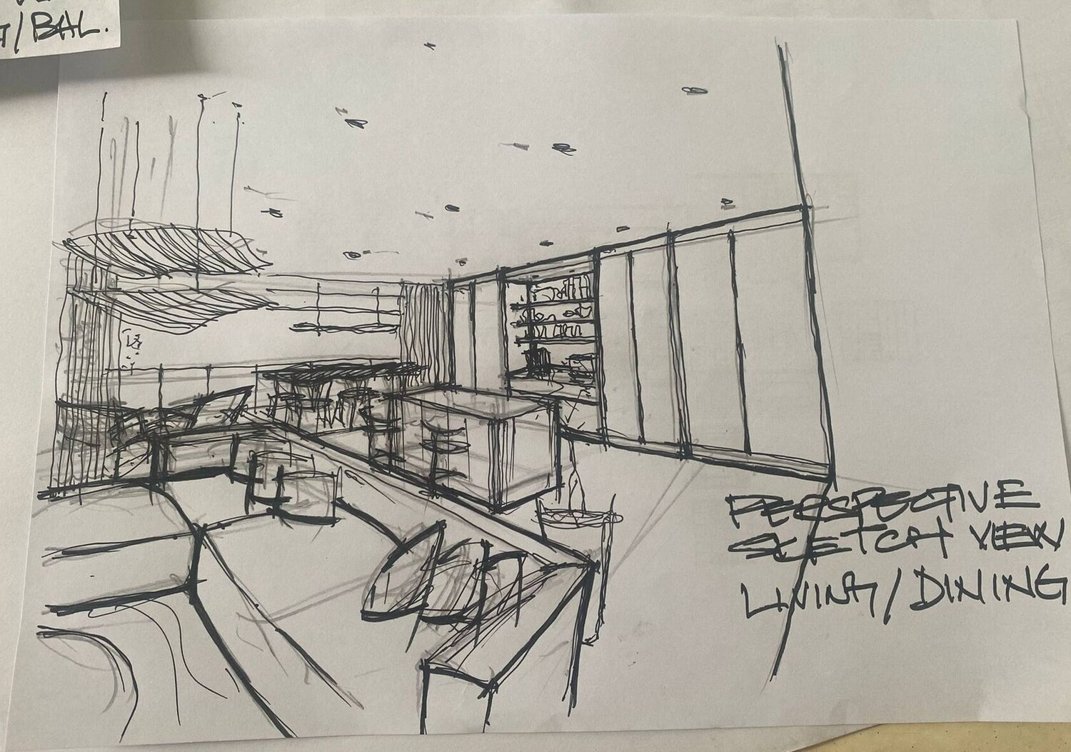 Perspective sketch view — living / dining