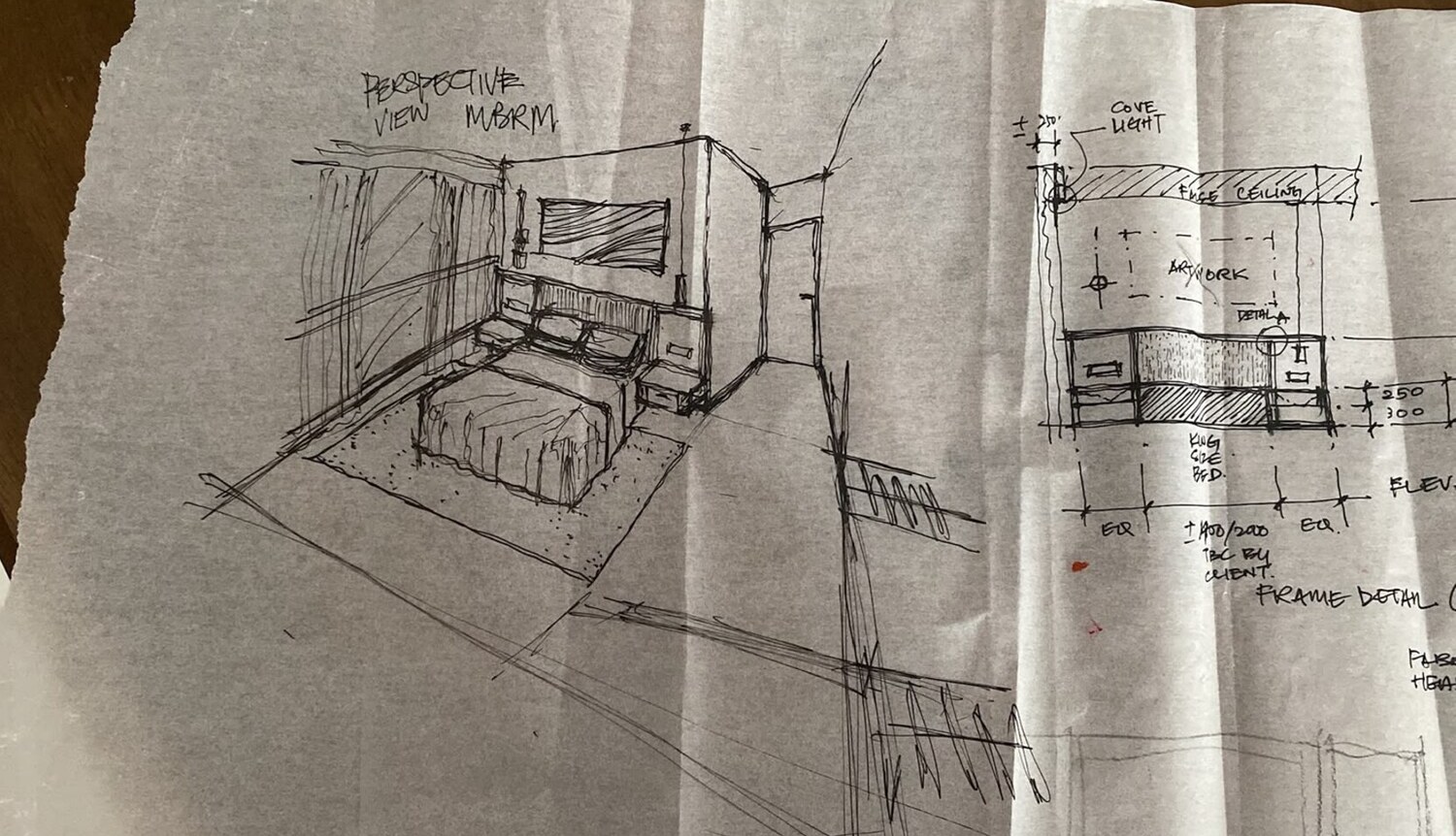 Hand-drawn perspective and section details for a master bedroom